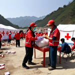 **

Prompt: A vibrant scene in a disaster-stricken area. Red Cross workers are setting up tents and distributing food and medicine to earthquake survivors. Show a sense of urgency and humanitarian spirit. Focus on the hope and resilience of the people. Simplified Chinese characters visible on aid supplies.

**