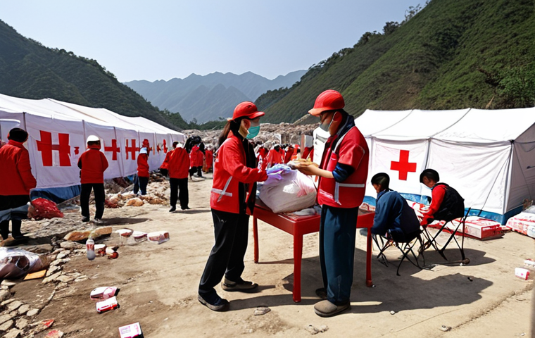 **

Prompt: A vibrant scene in a disaster-stricken area. Red Cross workers are setting up tents and distributing food and medicine to earthquake survivors. Show a sense of urgency and humanitarian spirit. Focus on the hope and resilience of the people. Simplified Chinese characters visible on aid supplies.

**