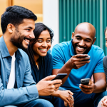 A diverse group of adults, including men and women, in a brightly lit, modern community space, fully clothed in modest, contemporary casual attire. They are comfortably seated or standing, engaged with their mobile phones, with gentle smiles and expressions of thoughtful contribution. Subtle digital light trails emanate from their devices, symbolizing the seamless flow of digital donations and global connectivity. The background features blurred, inviting elements of a clean urban environment. This is a professional-grade photograph with perfect anatomy, correct proportions, natural pose, well-formed hands, proper finger count, and natural body proportions. safe for work, appropriate content, fully clothed, family-friendly.
