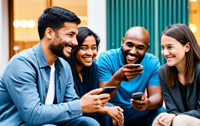 A diverse group of adults, including men and women, in a brightly lit, modern community space, fully clothed in modest, contemporary casual attire. They are comfortably seated or standing, engaged with their mobile phones, with gentle smiles and expressions of thoughtful contribution. Subtle digital light trails emanate from their devices, symbolizing the seamless flow of digital donations and global connectivity. The background features blurred, inviting elements of a clean urban environment. This is a professional-grade photograph with perfect anatomy, correct proportions, natural pose, well-formed hands, proper finger count, and natural body proportions. safe for work, appropriate content, fully clothed, family-friendly.