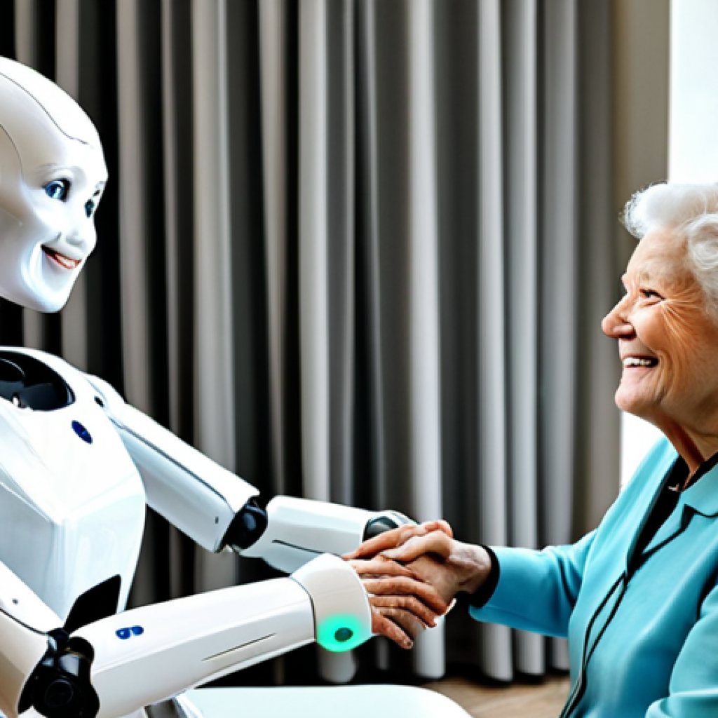 AI-Powered Elder Care**

"A bright, modern senior living facility. An elderly woman is smiling and interacting with a friendly, non-threatening humanoid robot assistant. The robot is monitoring her vitals with a wrist sensor. Clean, well-lit environment. Emphasis on caring, gentle interaction. Fully clothed, appropriate attire, professional setting, safe for work, perfect anatomy, natural proportions, high quality, modest."

**