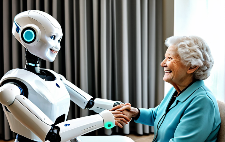 AI-Powered Elder Care**

"A bright, modern senior living facility. An elderly woman is smiling and interacting with a friendly, non-threatening humanoid robot assistant. The robot is monitoring her vitals with a wrist sensor. Clean, well-lit environment. Emphasis on caring, gentle interaction. Fully clothed, appropriate attire, professional setting, safe for work, perfect anatomy, natural proportions, high quality, modest."

**