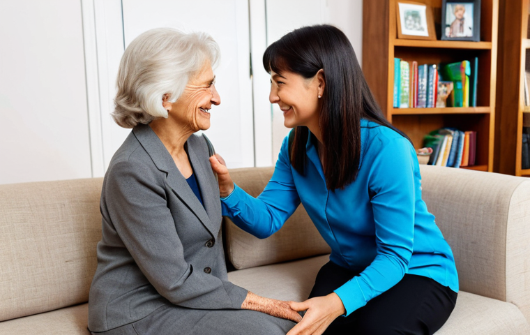 사회복지 직업 전망 - **

A professional female social worker in a modest blouse and slacks, kneeling to talk with a smili...