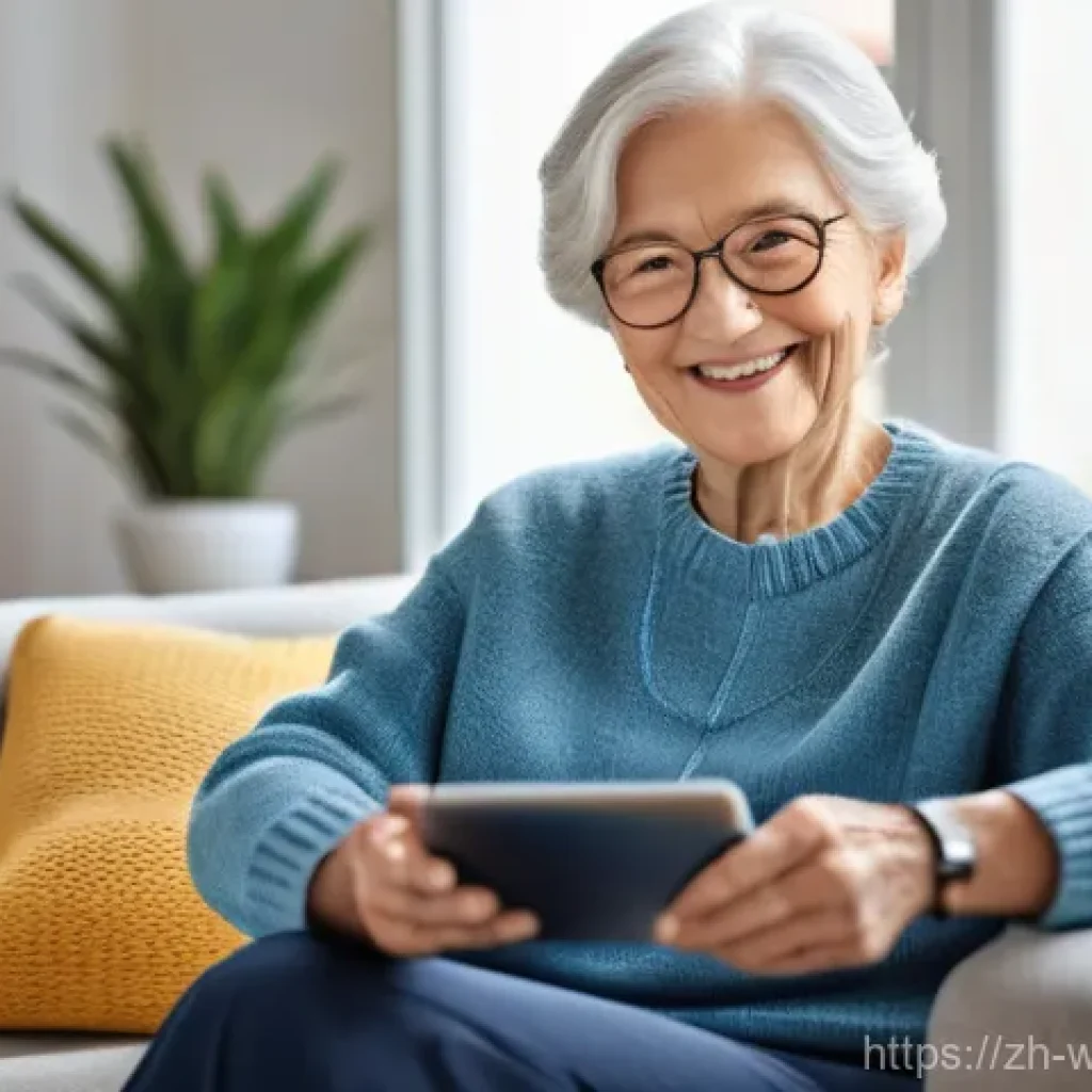 사회복지 서비스 개선 방안 - **Smart Elderly Care and Connection**
    A realistic, high-definition image of a serene elderly wom...