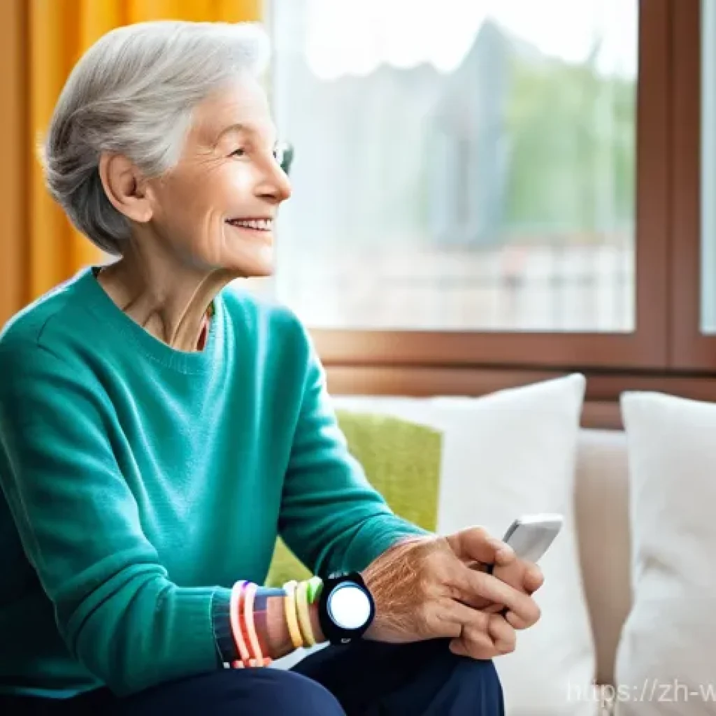 사회복지 기술 적용 사례 - **"Smart Elderly Care: Serene Morning Routine"**
    A warmly lit, modern living room where a conten...