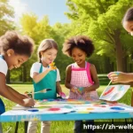 사회복지 지속가능성 - **Prompt:** A group of diverse children, ages 6-8, are happily painting a mural together in a bright...