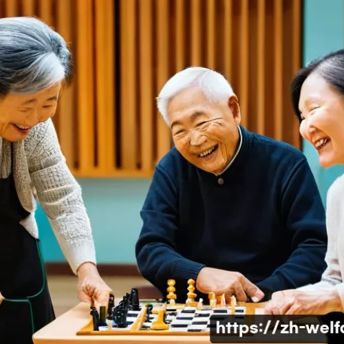 사회복지법 개정 - **Community Elderly Care Hub:** A vibrant and bustling community senior center in a modern Chinese c...