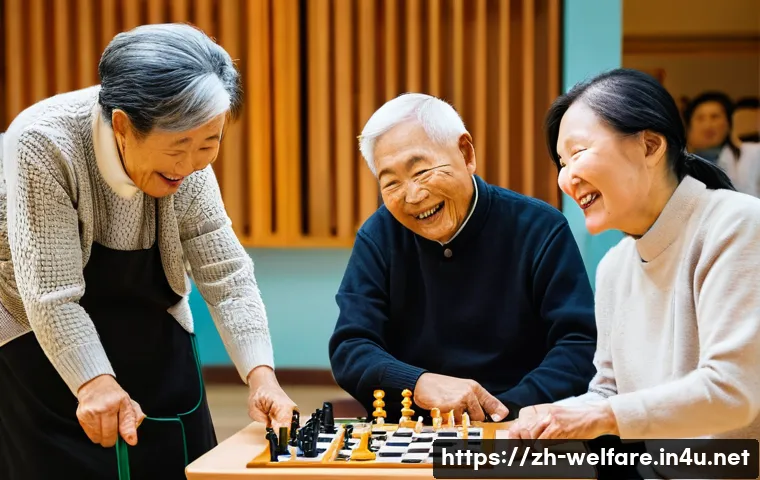 사회복지법 개정 - **Community Elderly Care Hub:** A vibrant and bustling community senior center in a modern Chinese c...