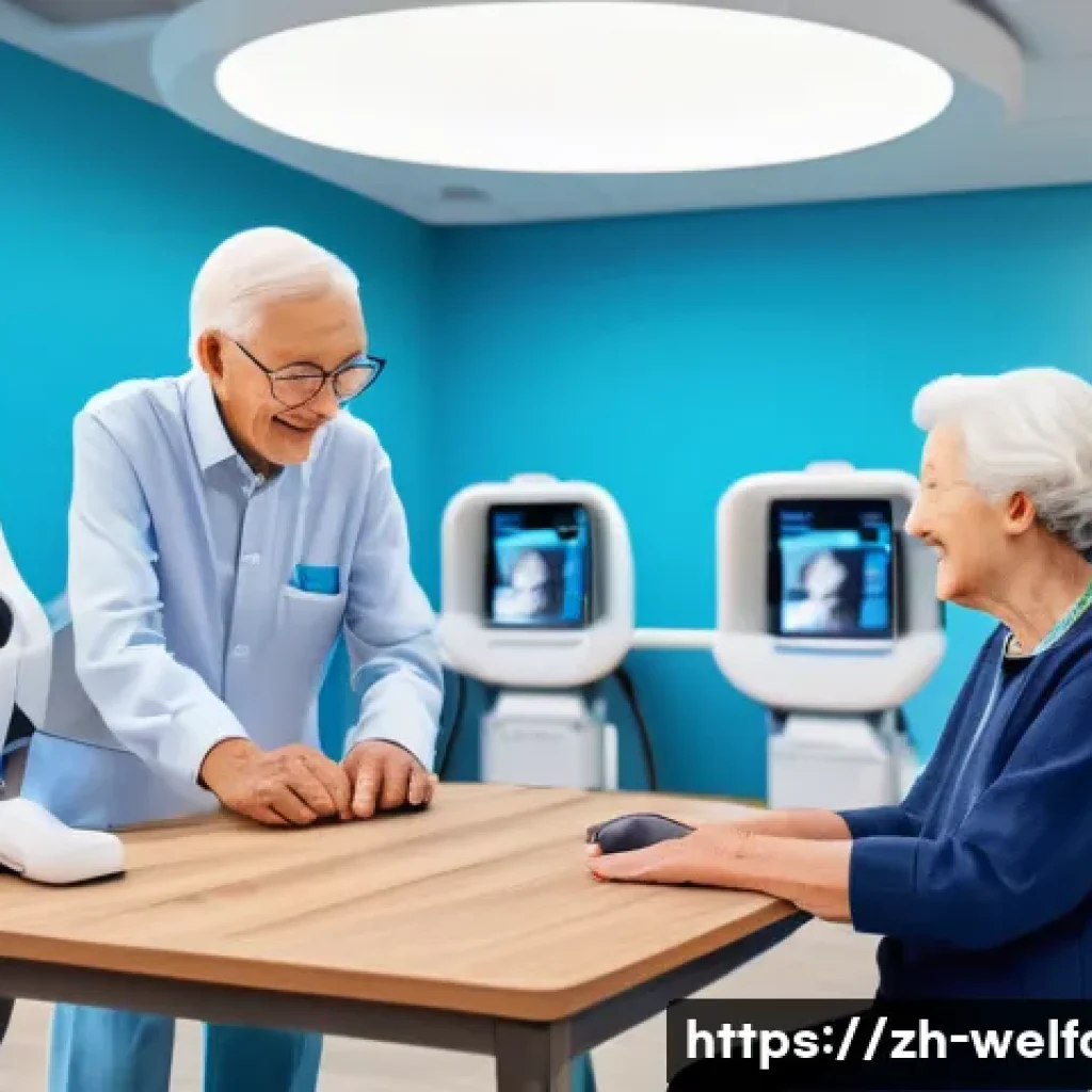사회복지 AI 자동화 - A modern community service center featuring diverse elderly residents wearing casual but modest clot...