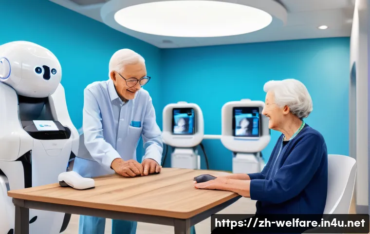 사회복지 AI 자동화 - A modern community service center featuring diverse elderly residents wearing casual but modest clot...