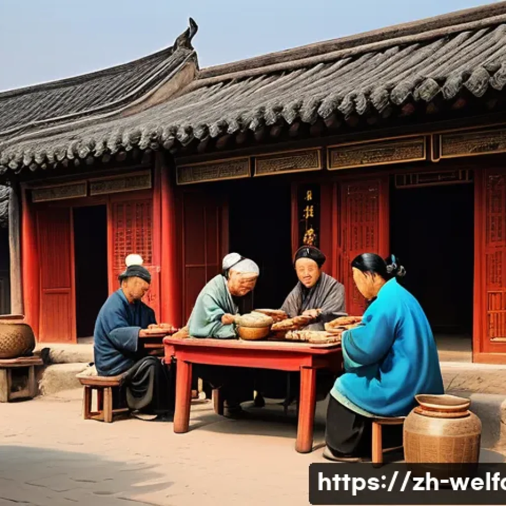 사회복지 역사 - A vibrant ancient Chinese village scene depicting community mutual aid: neighbors sharing food and r...