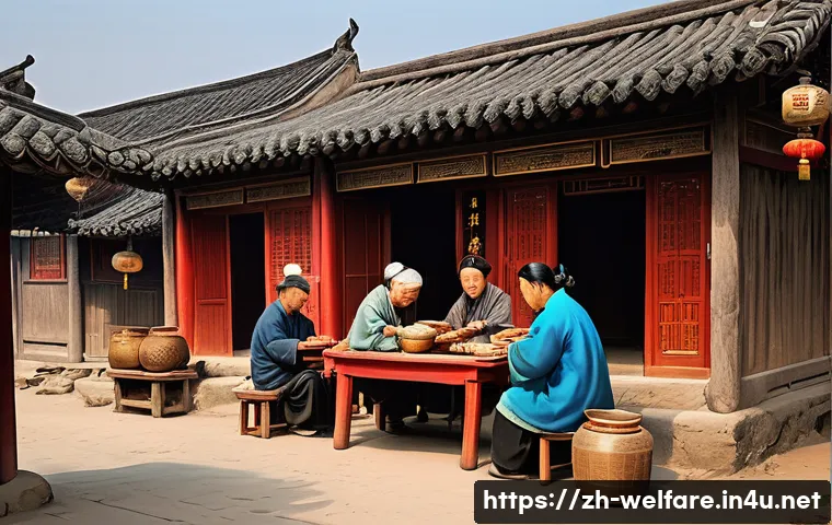 사회복지 역사 - A vibrant ancient Chinese village scene depicting community mutual aid: neighbors sharing food and r...