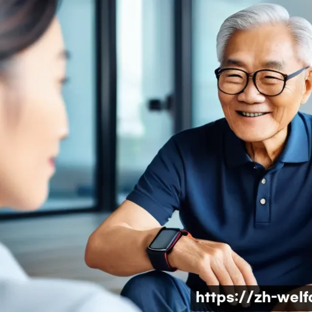 사회복지 헬스케어 혁신 - An elderly Chinese man wearing a sleek modern smart wristband and a smartwatch, sitting comfortably ...