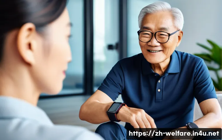 사회복지 헬스케어 혁신 - An elderly Chinese man wearing a sleek modern smart wristband and a smartwatch, sitting comfortably ...