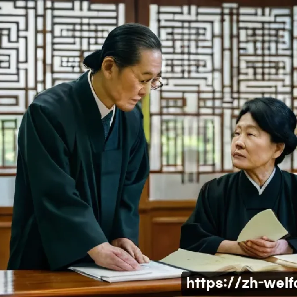 사회복지 법률 판례 분석 - A compassionate courtroom scene focusing on a middle-aged Chinese judge attentively listening to a l...