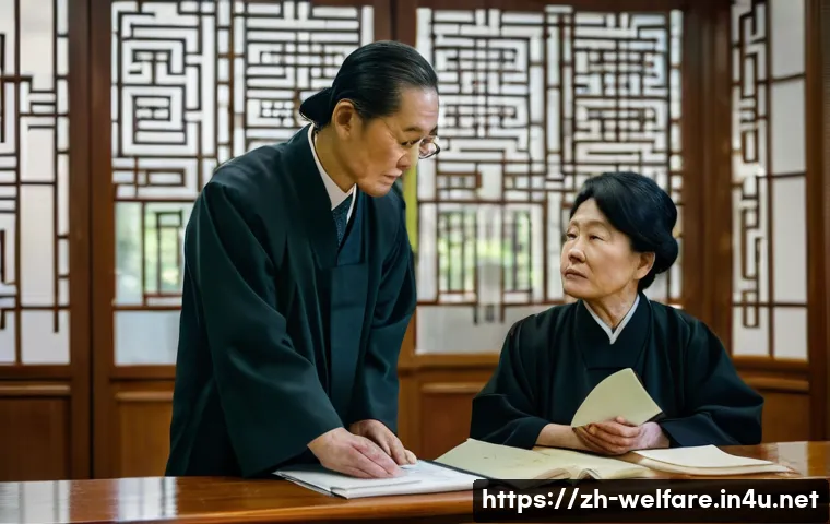 사회복지 법률 판례 분석 - A compassionate courtroom scene focusing on a middle-aged Chinese judge attentively listening to a l...