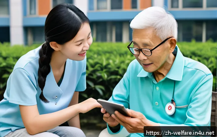 사회복지 이론 - A modern community elder care scene in a Chinese urban neighborhood featuring elderly people wearing...