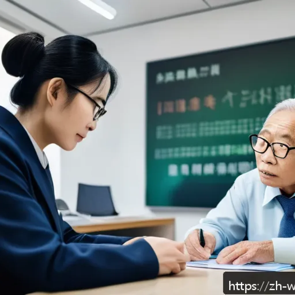 사회복지 직무 교육 - A modern office scene showing a Chinese social welfare worker attentively listening to an elderly cl...