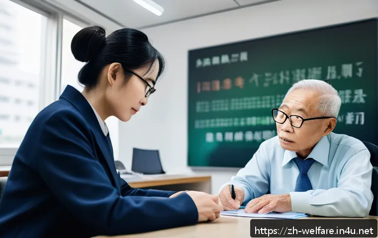 사회복지 직무 교육 - A modern office scene showing a Chinese social welfare worker attentively listening to an elderly cl...