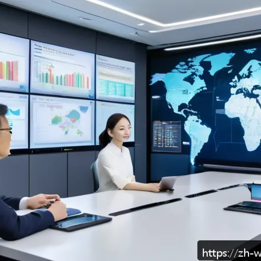 사회복지 행정론 - A modern social welfare control room featuring a large digital dashboard displaying data analytics a...