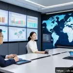 사회복지 행정론 - A modern social welfare control room featuring a large digital dashboard displaying data analytics a...