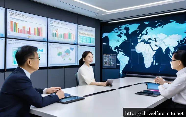 사회복지 행정론 - A modern social welfare control room featuring a large digital dashboard displaying data analytics a...