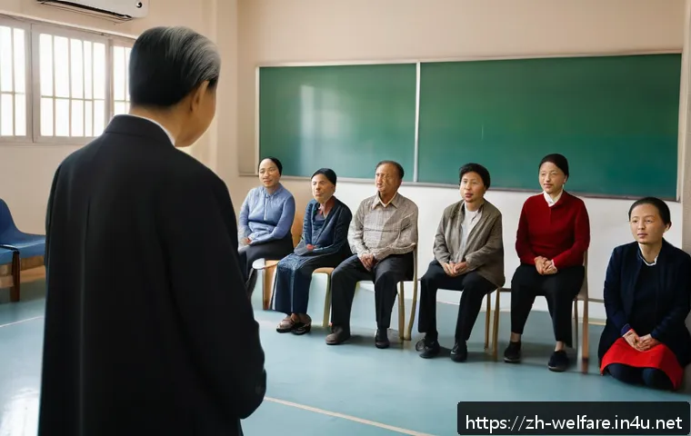 사회복지 직업 윤리 - A compassionate social welfare worker attentively listening to a diverse group of vulnerable adults ...