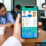 사회복지 플랫폼 - A modern digital welfare platform interface displayed on a sleek smartphone screen, showing clear ic...