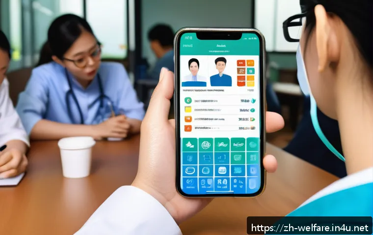사회복지 플랫폼 - A modern digital welfare platform interface displayed on a sleek smartphone screen, showing clear ic...