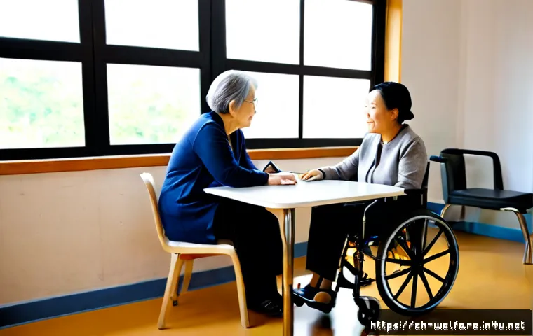 장애인복지론 - Photorealistic inclusive community support meeting, an adult wheelchair user, an older woman with a ...
